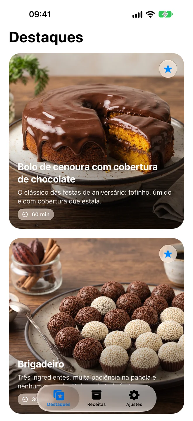 Tela Destaques: cards grandes com as receitas favoritas
