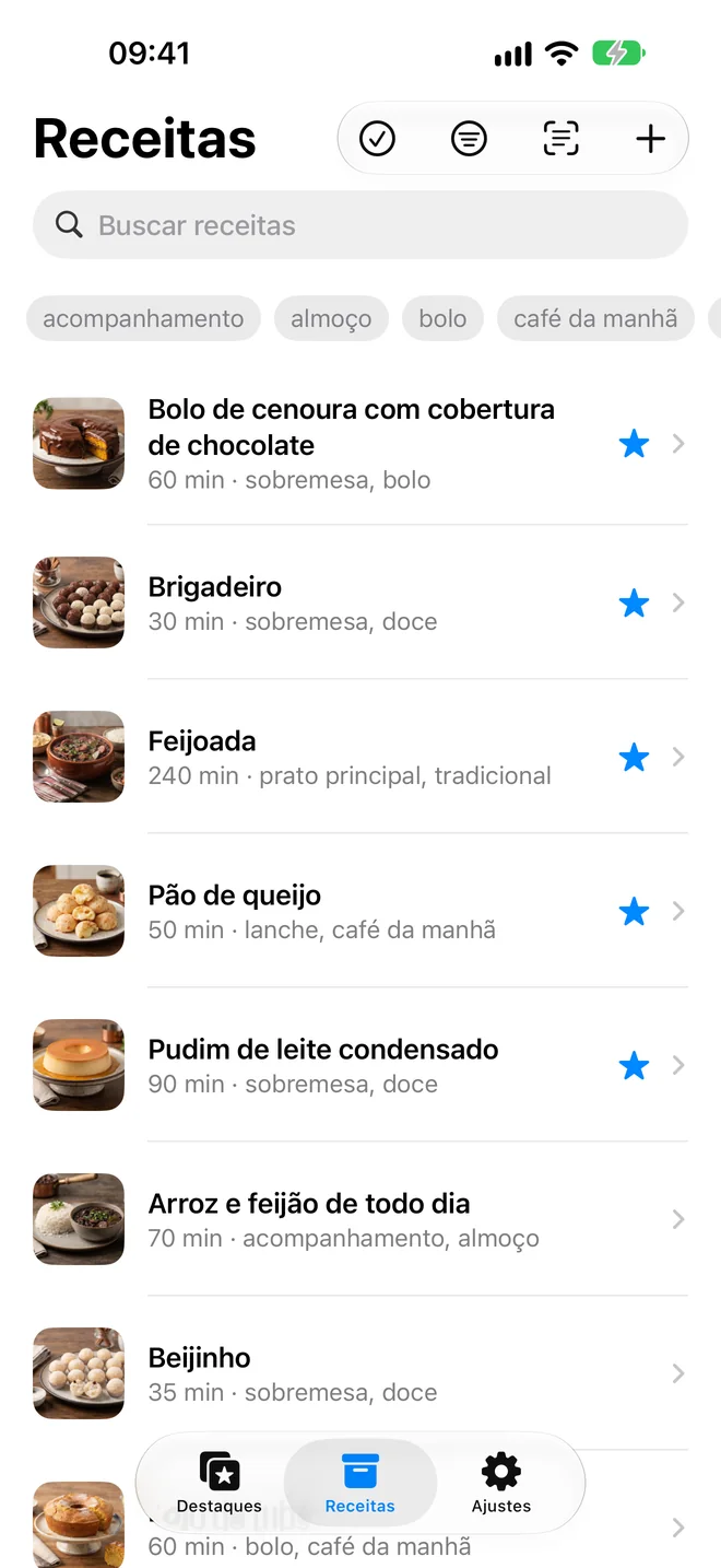 Lista de receitas, com busca e etiquetas para filtrar