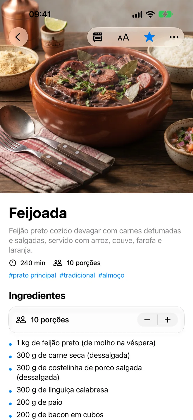Detalhe de uma receita: foto, tempo, porções e ingredientes com escala de porções