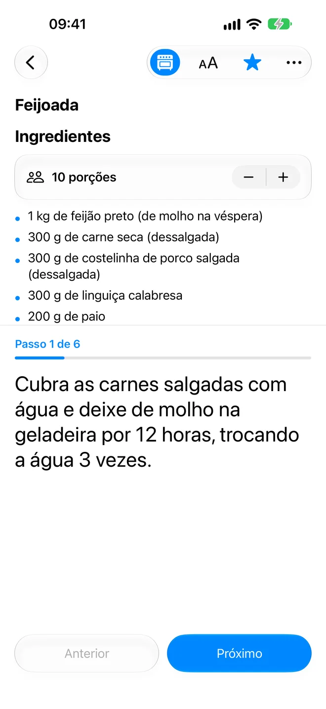 Modo cozinha: os ingredientes em cima e o passo atual em letra grande