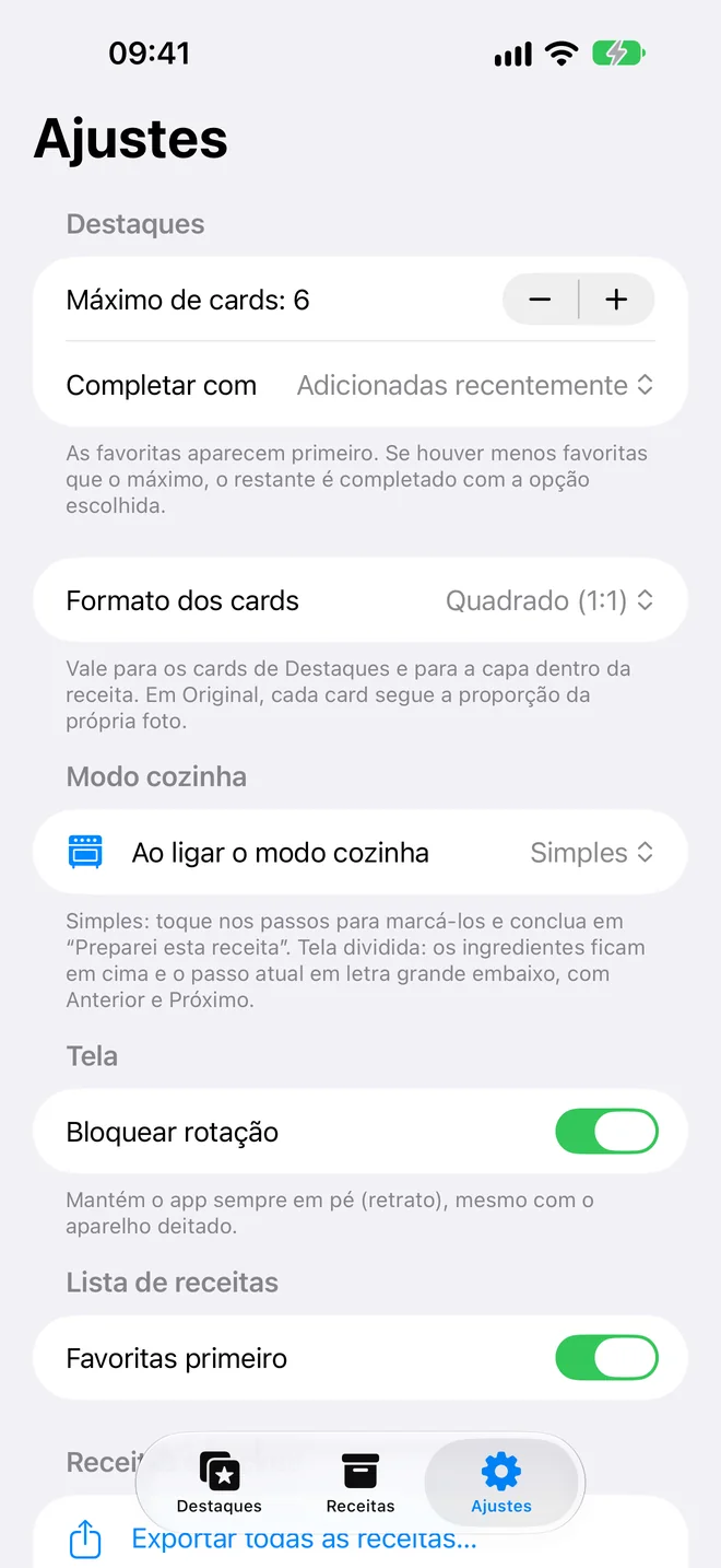 Tela de Ajustes: destaques, modo cozinha, tela e backup